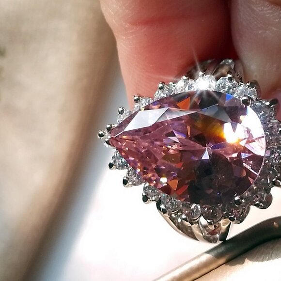 New Pink Tear Drop Halo 925 Sterling Silver Style CZ Ring - Picture 4 of 6